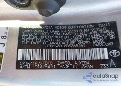 2011 Toyota Prius Three z USA, uszkodzony, nr VIN JTDKN3DU8B5365461